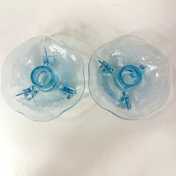 Fostoria Glass Versailles Azure Blue 3-Toed Candle Holders Set Of 2 - Picture 1 of 6